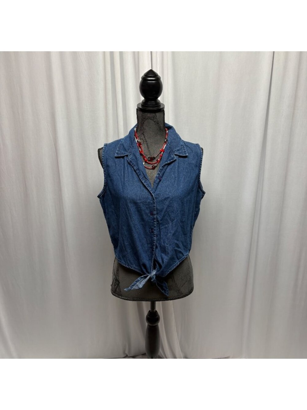 Faded Glory Denim Tie Front Shirt Womens Large 12 14 Sleeveless Button Up Blue